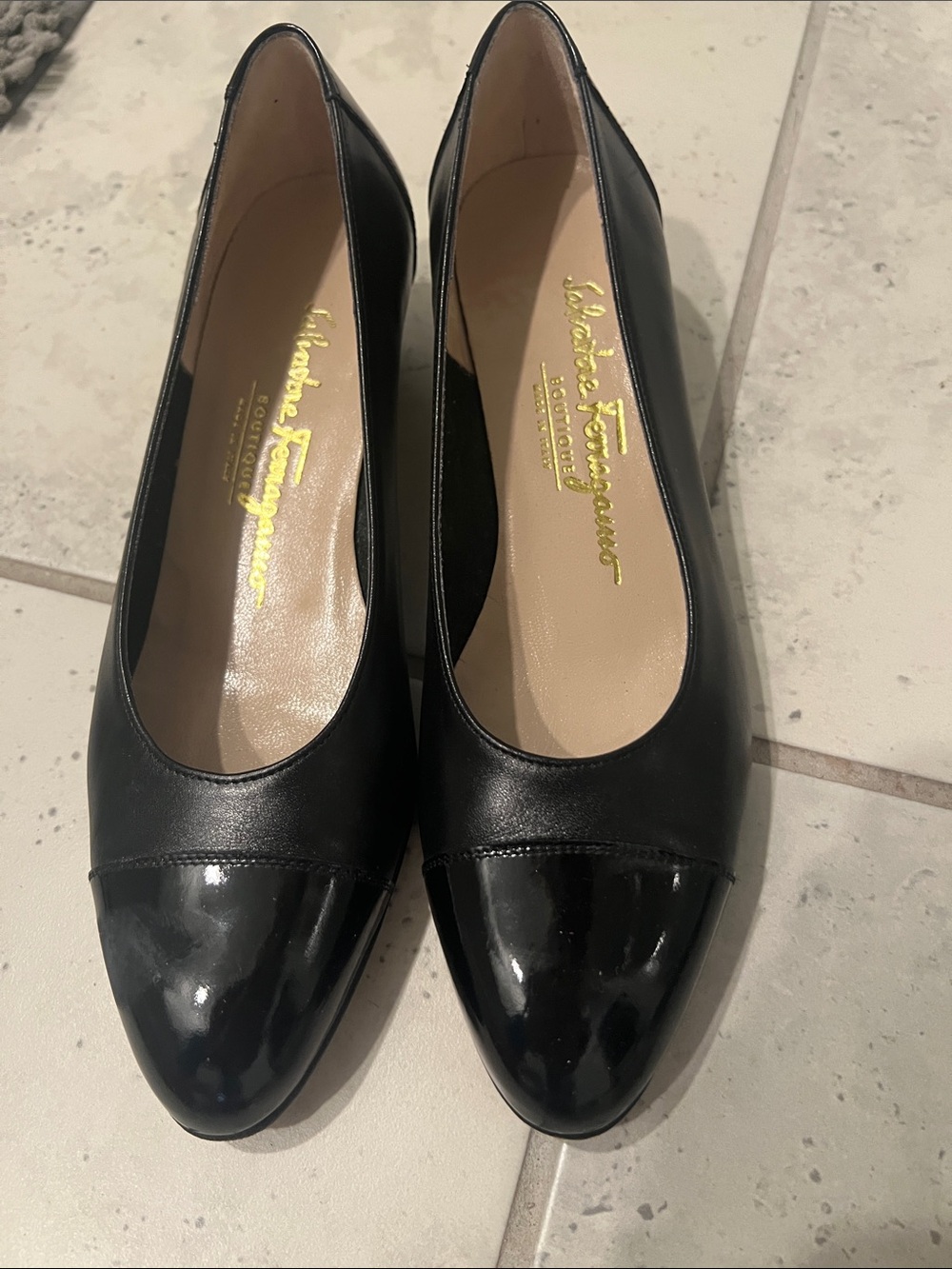 Salvatore Ferragamo Boutique Vintage Black Leather and Patent Cap-Toe Pumps